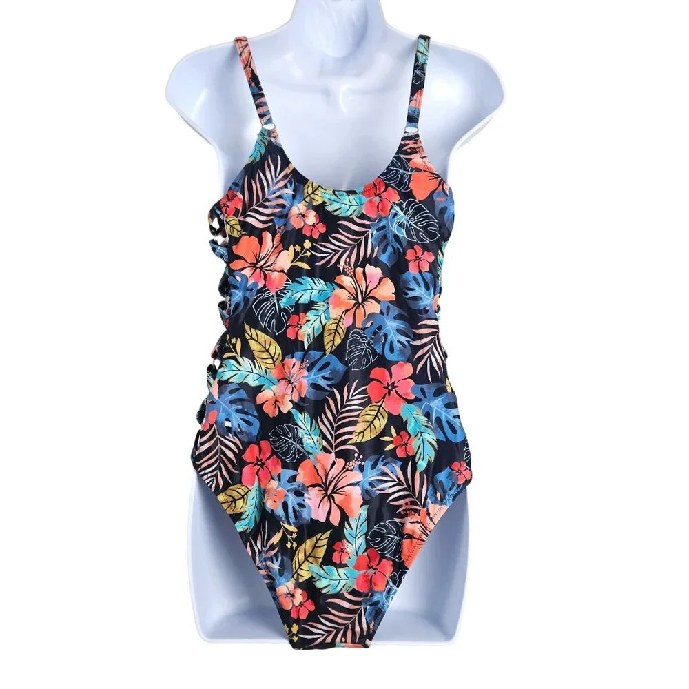Tempt Me Womens Large Tropical Floral One-Piece Swimsuit Crisscross Sides Beach